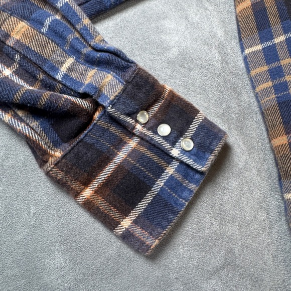 Wrangler Mens Blue Brown Plaid Western Pearl Snap Flannel Shirt Large Long Slv - Picture 4 of 9